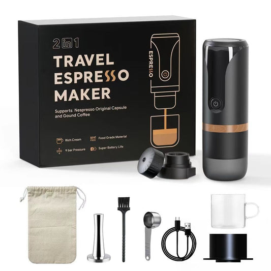 Portable Espresso Machine 9 Bar Pressure Rechargeable 2 in 1 Small Travel Coffee Maker Compatible with Nespresso Capsules